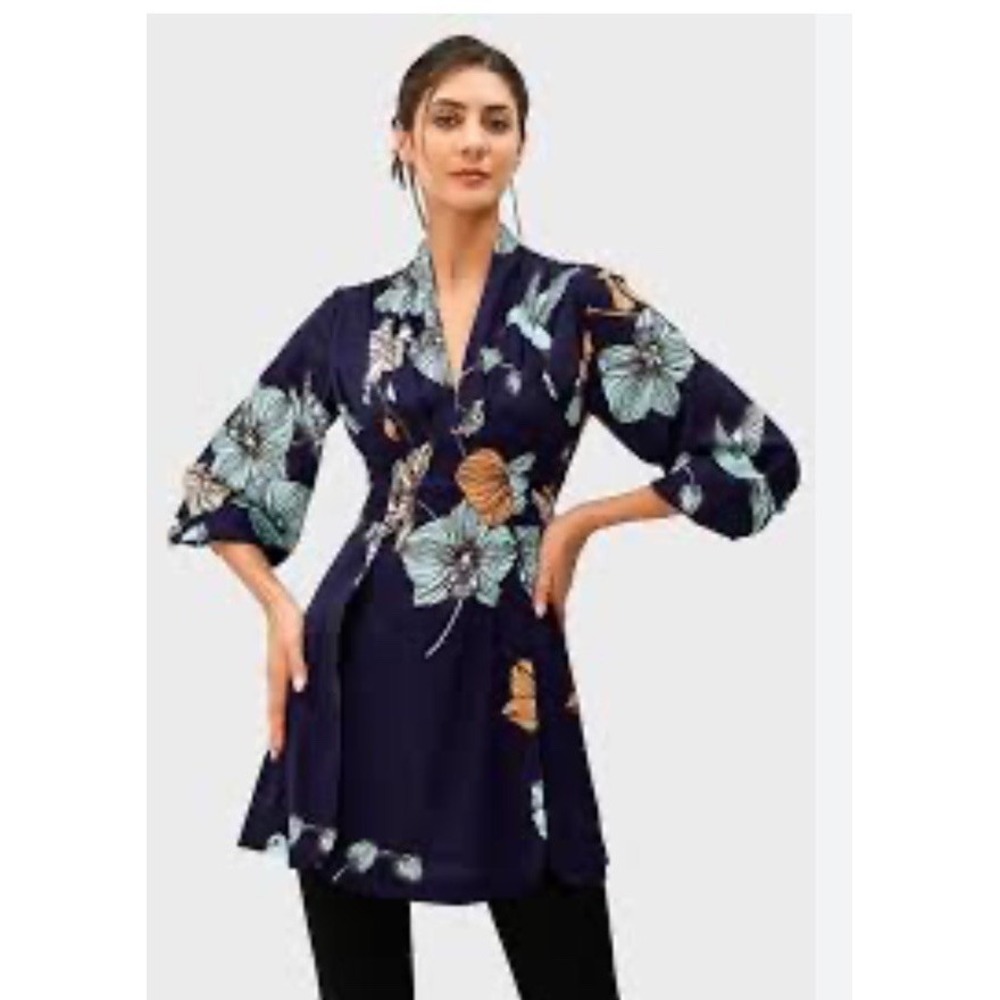 Wayward Fancies Eshakti Pleated Tunic Top/Dress Sz L Floral Bird Print Tie Back